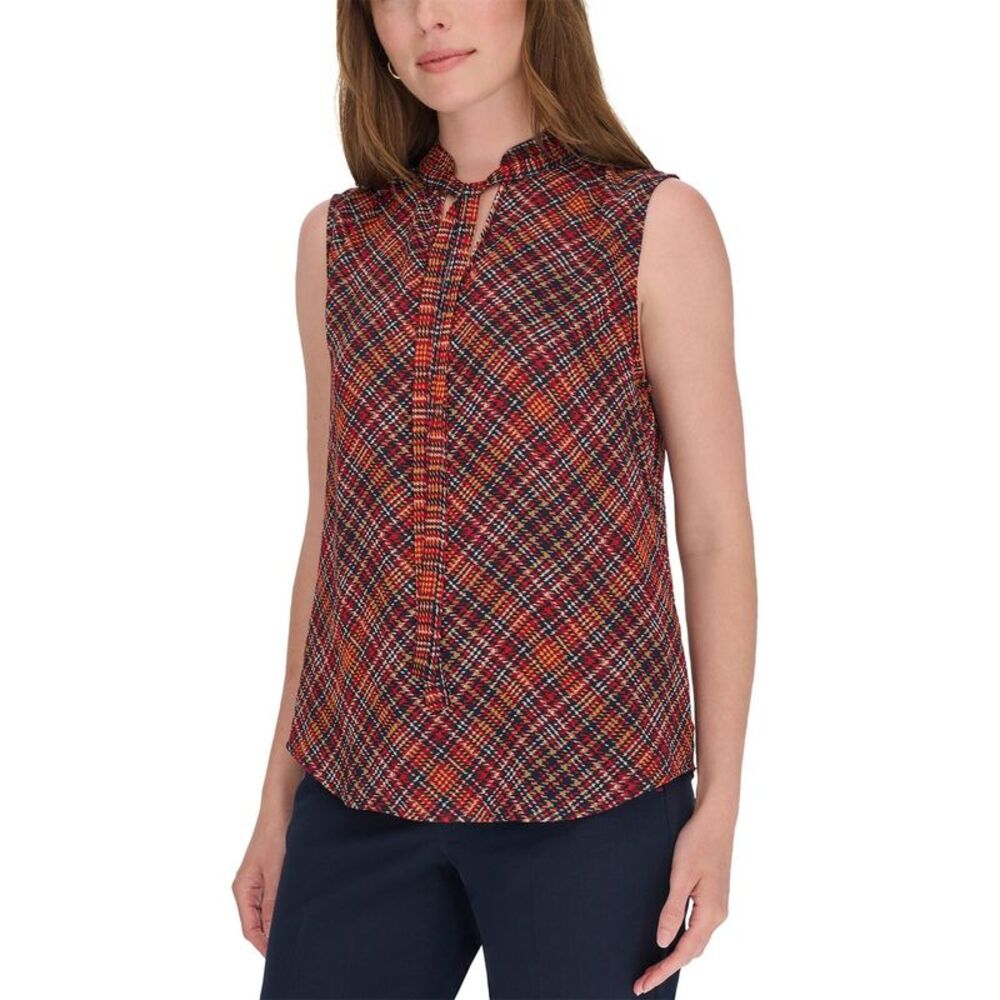 Tommy Hilfiger Womens Printed Tie-Neck Sleeveless Top Medium Midnight/Multi NWT